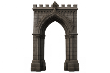 Stone gothic arch portal with crenellated top, a medieval architecture element on transparent background