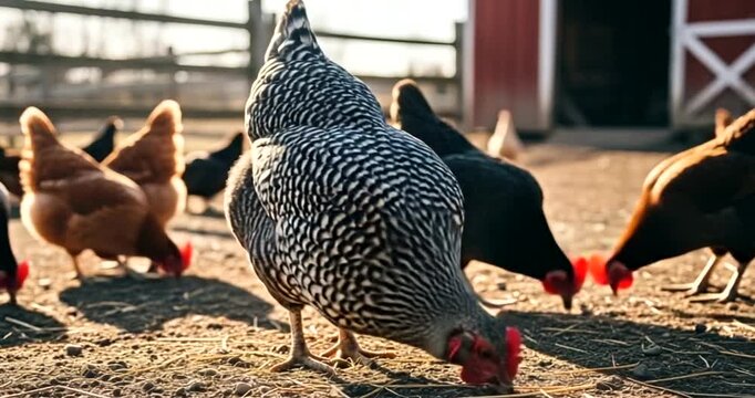 Barred rock chicken pecking ground near red barn with flock