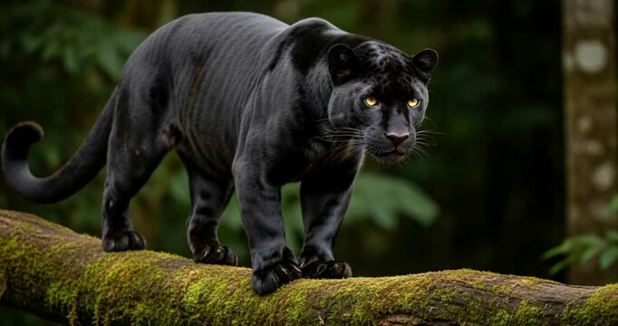 Black panther stalking on a mossy tree branch in jungle