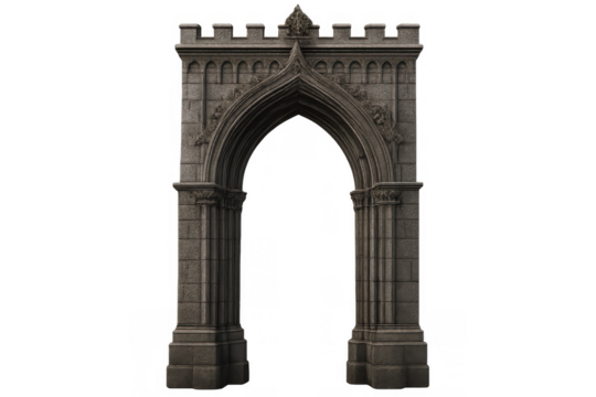 Stone gothic arch portal with crenellated top, a medieval architecture element on transparent background