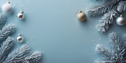 christmas background with fir branches and snow, Festive arrangement on a light blue background featuring fir branches, Christmas baubles in metallic silver and blue, and small decorative white snowfl
