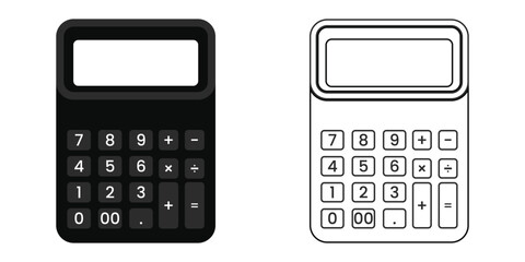 Two digital calculator icons, one solid dark and one outline, for arithmetic, finance, math, and accounting tasks and modern design needs.