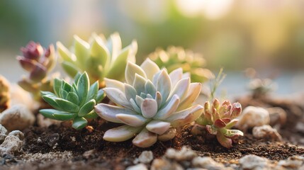 Close-up of a vibrant succulent garden with various types of succulents thriving in sunlight.