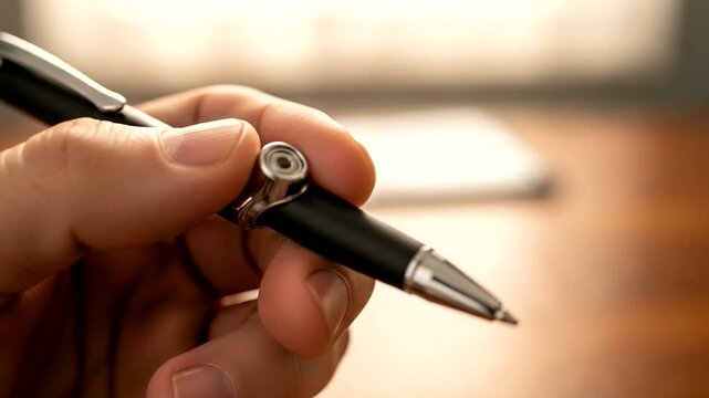 Hand holding a pen stationary for creative writing in office close-up conceptual video of business