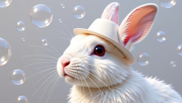 White rabbit with hat and floating bubbles