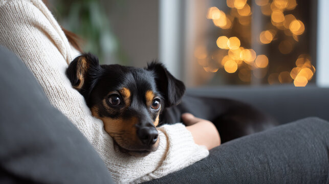 Small black and tan dog resting comfortably on a person's lap, surrounded by a cozy living room atmosphere with soft lighting and a festive background - Powered by Adobe
