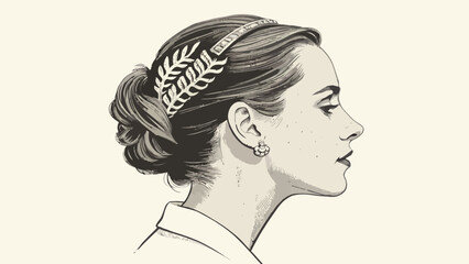 Elegant woman with stylish updo and leaf headband, exuding timeless beauty and grace in a classic profile, perfect for beauty and fashion designs