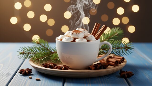 Steaming hot chocolate with marshmallows and cinnamon on blue table