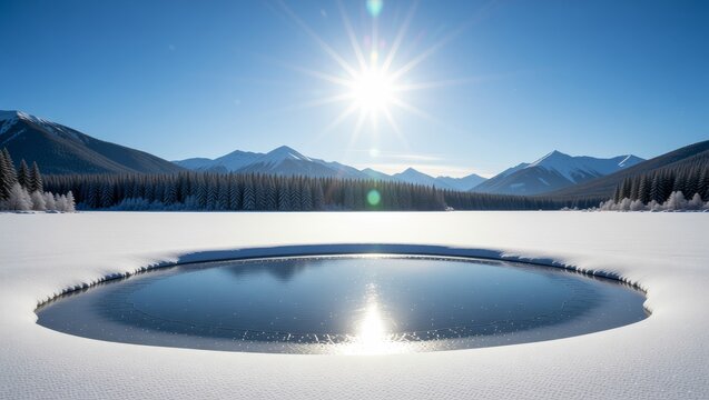 Sunlit frozen lake surrounded by snowcovered mountains and forest - Powered by Adobe