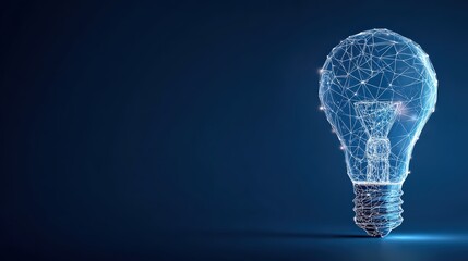 An illuminating 3D lightbulb, aglow with a network of interconnected points and lines, floats against a rich blue backdrop. ..Created with Generative AI, not depicting real subjects.