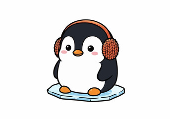 Charming cartoon penguin character wearing cozy knitted earmuffs standing on a small piece of blue ice winter holiday vector illustration