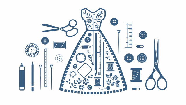 Charming dress design filled with sewing notions, perfect for DIY apparel projects and creative tailoring promotions, originally created as scalable vector art