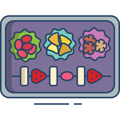 Stylized Digital Interface Displaying Three Distinct Food Portions and Media Playback Controls With Rounded Edges and Colorful Accents on a Purple Background