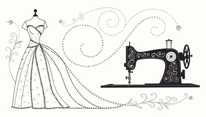 Elegant wedding dress design with vintage sewing machine, perfect for bridal boutiques or creative fashion projects, originally a scalable vector graphic