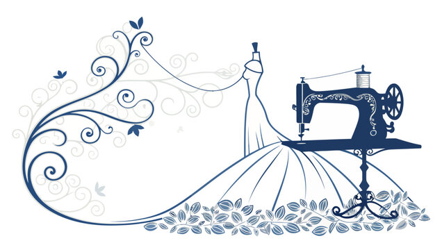 Elegant sewing machine crafting a stunning wedding dress design, a timeless symbol of bespoke artistry and bridal dreams, perfect for invitations and fashion