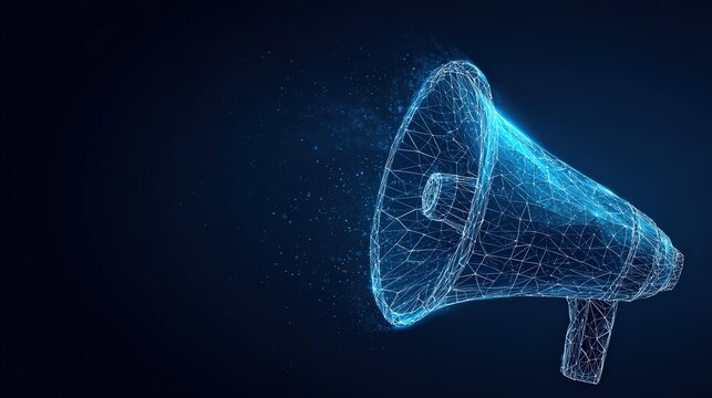 A mesmerizing digital representation of a megaphone, crafted from interconnected points and lines, symbolizes the power of communication. ..Created with Generative AI, not depicting real subjects.