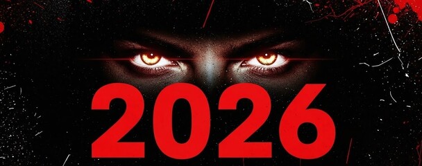 Intense glowing yellow eyes against a dark, grunge background, with bold red numbers 2026 prominently displayed, hinting at a mysterious future or key date