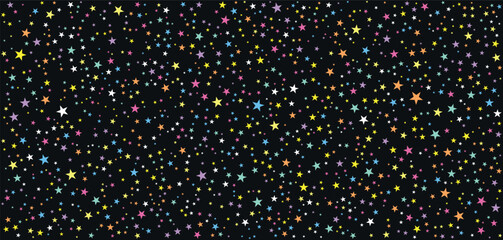 Multicolored Star and Dot Pattern on Black Background. Yellow, Blue, Pink, Orange, Green Celestial Design for Party Decor, Space Graphics, Festive Wallpaper, and Magical Night Sky Themes