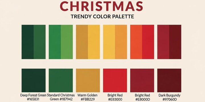 A trendy christmas color palette featuring various shades of green, gold, orange, and red, perfect for festive designs and holiday season inspiration
