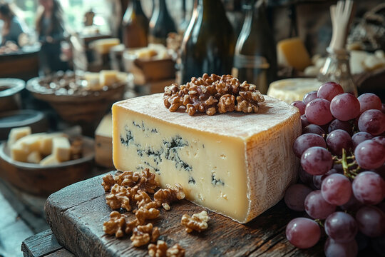 A close-up of a fragrant blue cheese garnished with walnuts and served on a wooden board. 