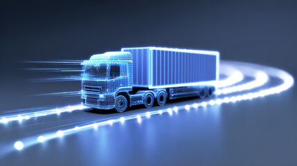 A tech-style illustration of a truck with glowing lines against a blue background.