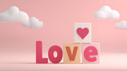 Pink Valentine's Day background with the English letters of love and hearts.