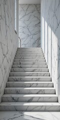 Modern minimalist white marble staircase and walls with elegant golden handrails and natural light shadows. cararra marble