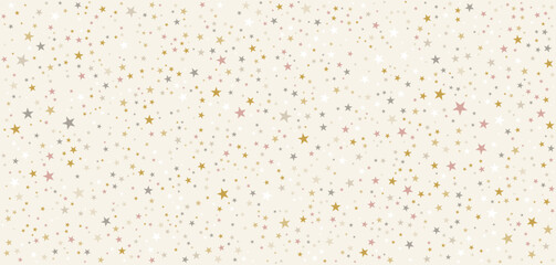 Whimsical Star and Dot Pattern on Beige Background. Gold, Pink, Gray Celestial Elements for Festive Wallpaper, Wrapping Paper, Celebration Design, Nursery Decor, and Magical Graphic Projects © Rakibs