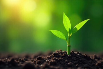Fototapeta premium A vibrant green bamboo shoot emerging from the earth, symbolizing growth, prosperity, and good fortune The sun shines on its delicate leaves, promising a bright future , wellness, spirituality