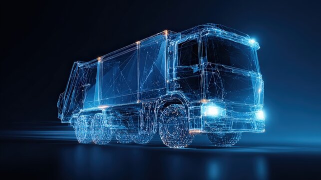 An illuminating digital rendering of a waste truck illuminates a dark backdrop. ..Created with Generative AI, not depicting real subjects.