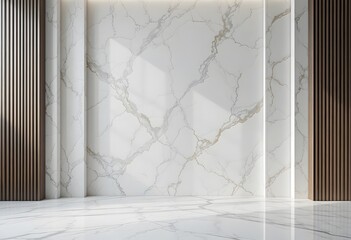 Minimalist modern interior with polished white marble walls and floor, accented by rich wooden slat panels cararra marble.