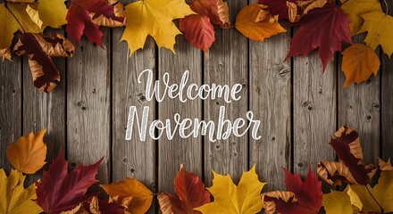 Autumnal welcome message on weathered wood with colorful foliage