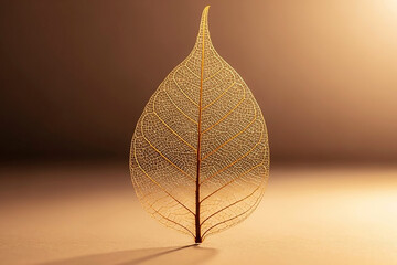 Golden Leaf Skeleton Macro with Transparent Veins and Warm Backlight