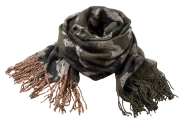 Textured woven scarf with camouflage pattern and fringed ends fashion accessory, Png On White Background, Isolated on Transparent Background, Cut Out