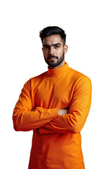 Fototapeta premium A Middle Eastern male entrepreneur in fiery orange, arms crossed, with glowing digital patterns symbolizing transformation and progress, representing his