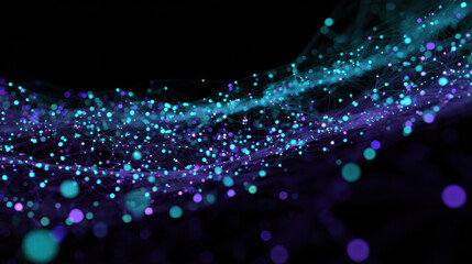 Abstract graphic of interconnected data nodes forming bridge, glowing blue and purple lights