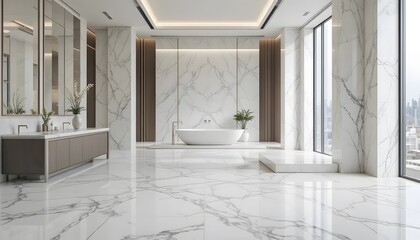 Luxury modern bathroom interior with elegant freestanding bathtub, double vanity, marble surfaces, and city view