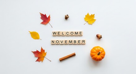 Autumnal welcome message with seasonal elements and copy space on white background