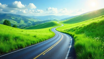 A winding road leading upward through a vibrant green landscape, symbolizing career progression and the journey to success , hills, pathway