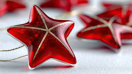Close-up of shiny red glass star-shaped ornaments decorated with gold glitter and lines, arranged on a textured white surface with a soft, blurred background of