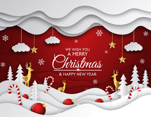 A festive Christmas greeting card illustration with Santa Claus, snow, a decorated tree, stars, and gifts in a cheerful winter holiday scene