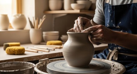 Artisan crafting a clay vase with skillful hands on a rotating pottery wheel in a studio