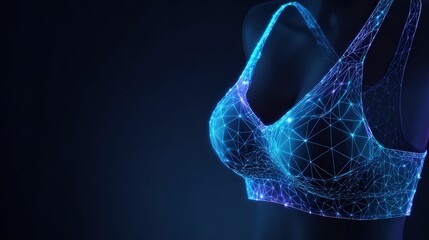 A cutting-edge display of a stylish sports bra, rendered with a network of luminous digital connections. ..Created with Generative AI, not depicting real subjects.