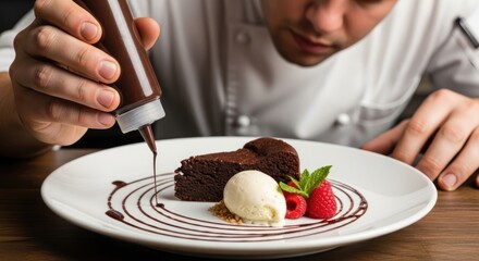 Chef expertly garnishing delicious chocolate brownie with sauce for elegant presentation