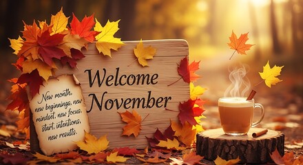 Autumnal welcome sign with leaves and coffee cup for seasonal greeting