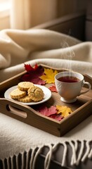 Autumnal tea and cookies on a tray with fall foliage and cozy setting