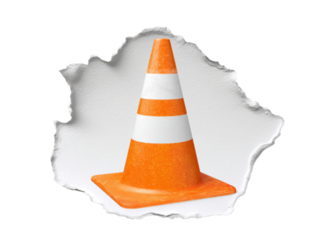 Orange traffic cone with white stripes on transparent background