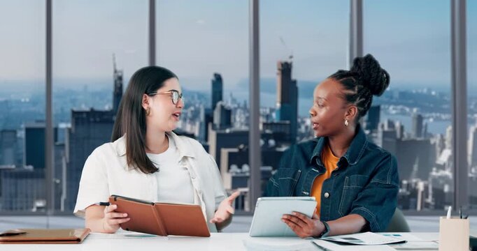 Creative, women and talking with tablet in office for discussion, review article and manuscript. People, team and meeting with documents for headline feedback, proofreading story and publication post