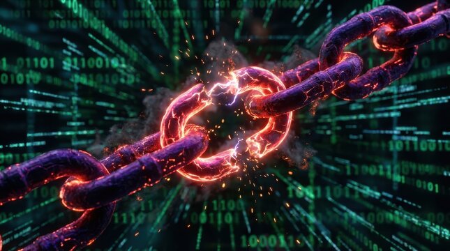 Broken Blockchain Chain Link Exploding with Fire and Sparks Against Binary Code Background, Concept of Security Breach and Hacking