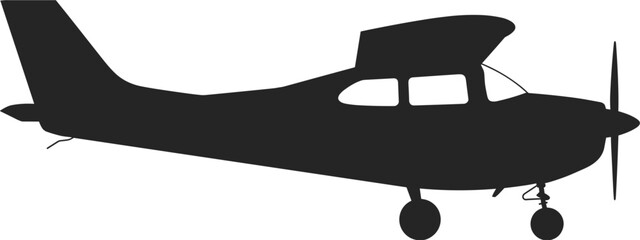 Black silhouette of a small propeller airplane in flight from the side propeller plane white